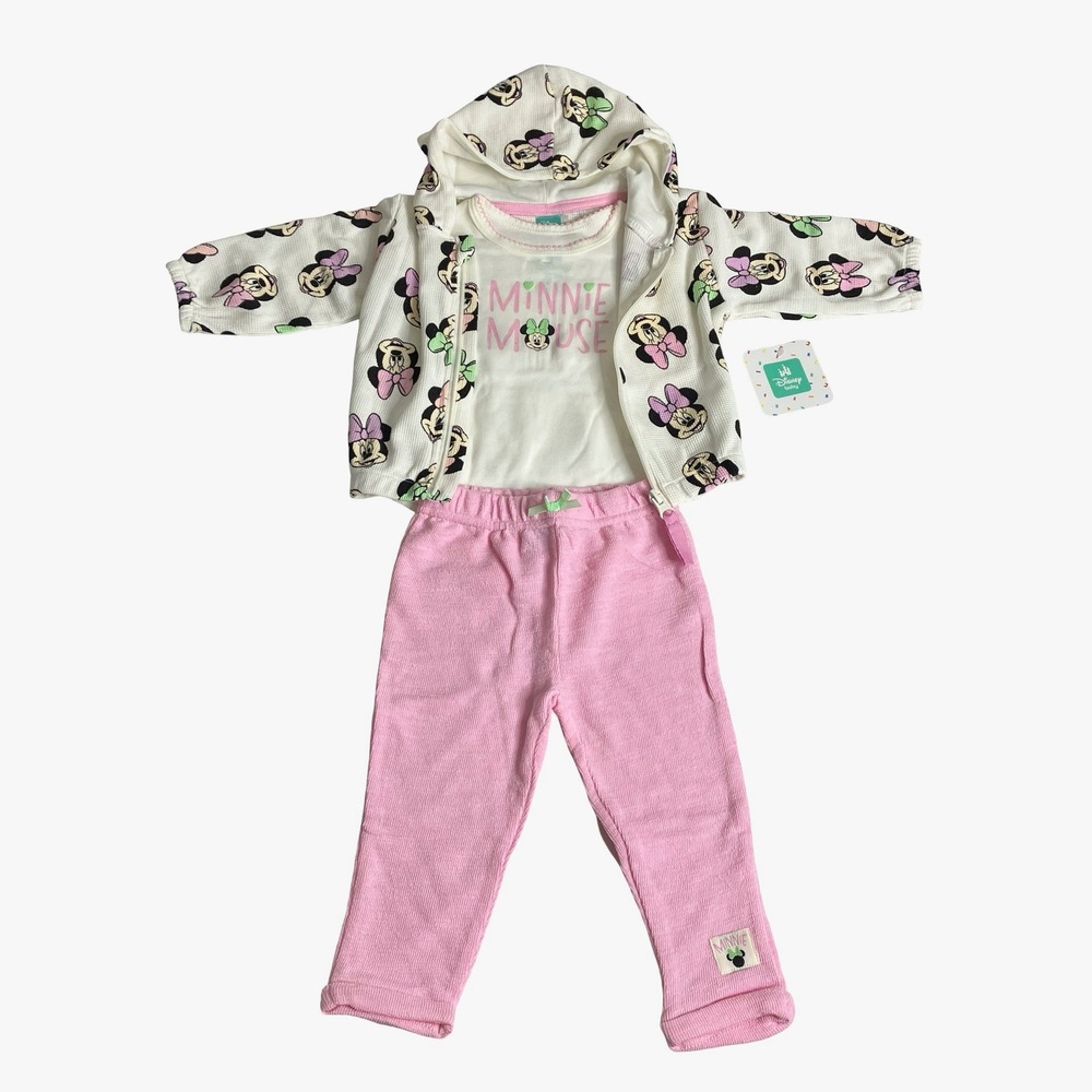 Disney Baby Minnie Mouse 3-Piece Set Girl 6/9M Pink White Hooded Jacket Bodysuit